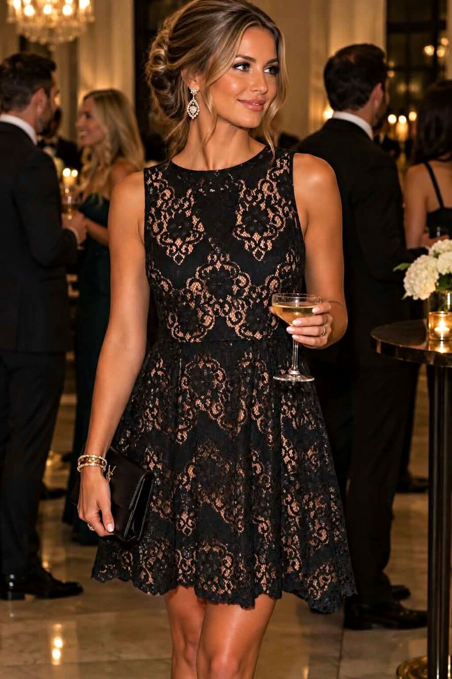 Doe & Rae Women's Formal Little Black Lace Dress M